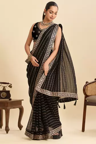Black striped, sequence georgette bollywood saree with blouse