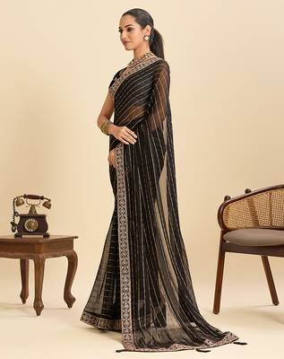 Black striped, sequence georgette bollywood saree with blouse 3