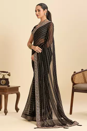 Black striped, sequence georgette bollywood saree with blouse