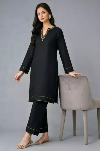 Black embroidered rayon kurta set