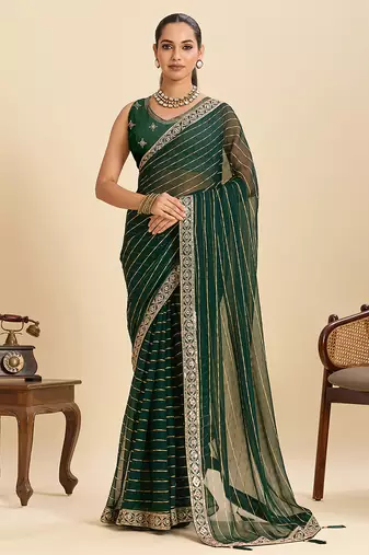 Dark green striped, sequence georgette bollywood saree with blouse