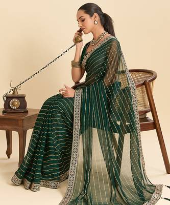 Dark green striped, sequence georgette bollywood saree with blouse 2