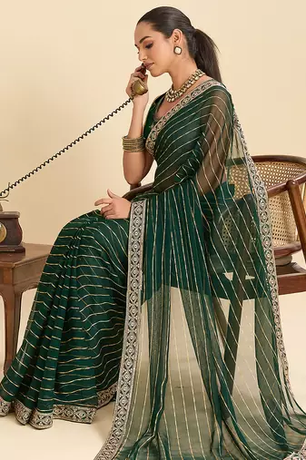 Dark green striped, sequence georgette bollywood saree with blouse
