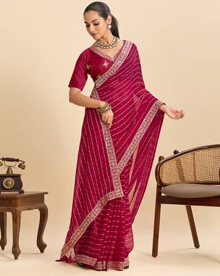 Dark pink striped, sequence georgette bollywood saree with blouse 2