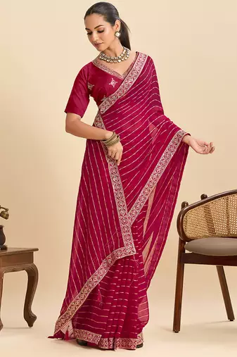 Dark pink striped, sequence georgette bollywood saree with blouse