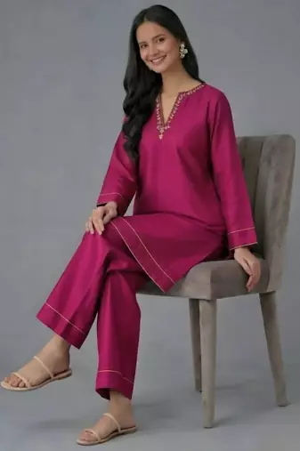 Pink embroidered rayon kurta set