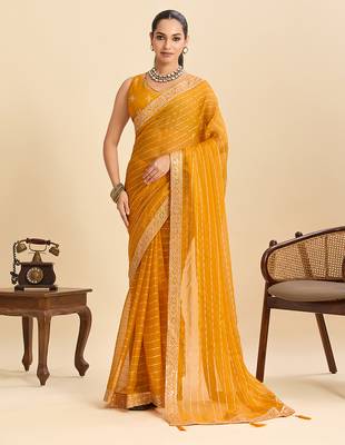 Mustard striped, sequence georgette bollywood saree with blouse 1