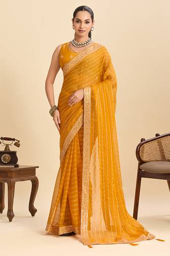 Mustard striped, sequence georgette bollywood saree with blouse