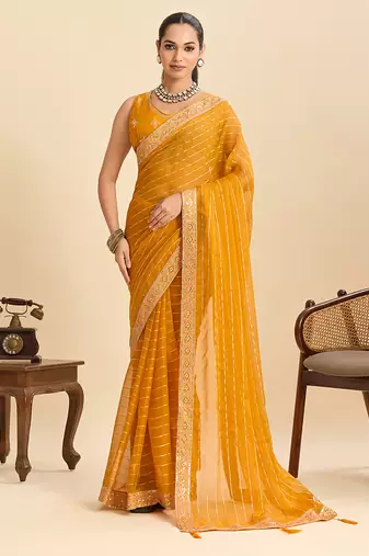 Mustard striped, sequence georgette bollywood saree with blouse