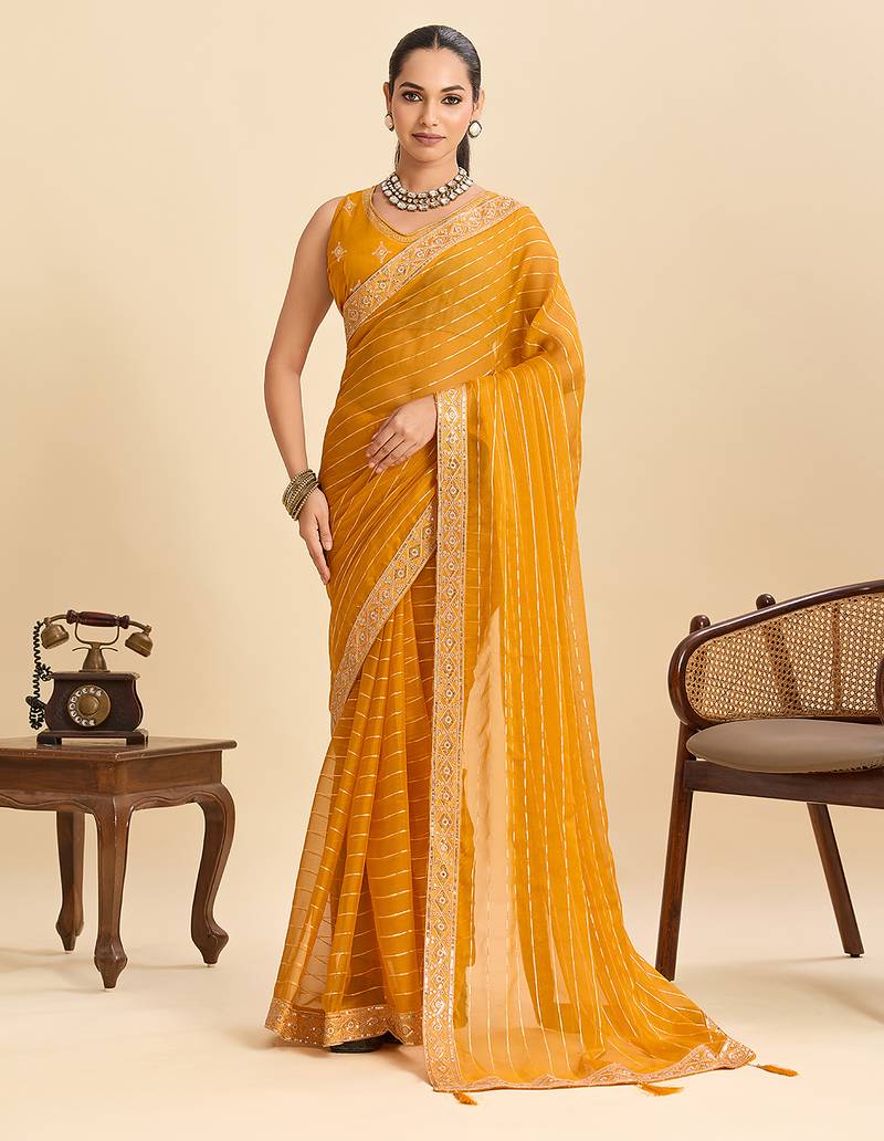 Mustard striped, sequence georgette bollywood saree with blouse