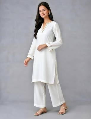 White embroidered rayon kurta set 4