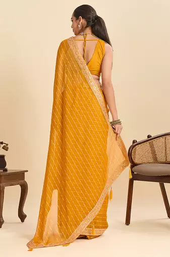 Mustard striped, sequence georgette bollywood saree with blouse