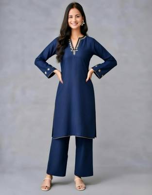 Navy embroidered rayon kurta set 3