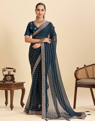 Navy blue striped, sequence georgette bollywood saree with blouse 1
