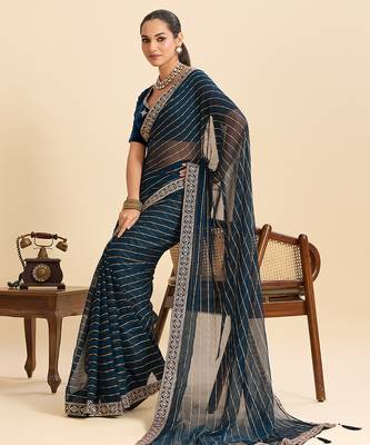Navy blue striped, sequence georgette bollywood saree with blouse 2