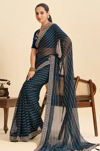 Navy blue striped, sequence georgette bollywood saree with blouse