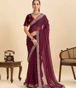 Wine striped, sequence georgette bollywood saree with blouse