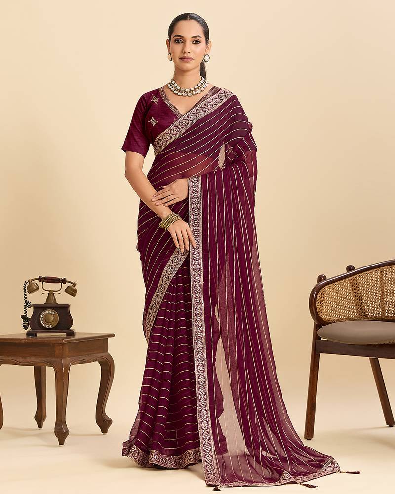 Wine striped, sequence georgette bollywood saree with blouse