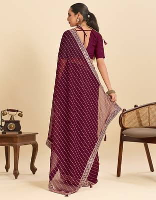 Wine striped, sequence georgette bollywood saree with blouse 4