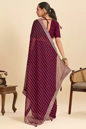 Wine striped, sequence georgette bollywood saree with blouse