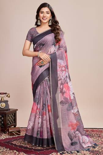 Multicolor printed floral print geometric print cotton linen bollywood saree with blouse
