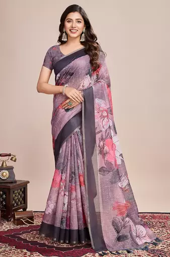 Multicolor printed floral print geometric print cotton linen bollywood saree with blouse