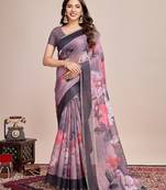 Multicolor printed floral print geometric print cotton linen bollywood saree with blouse