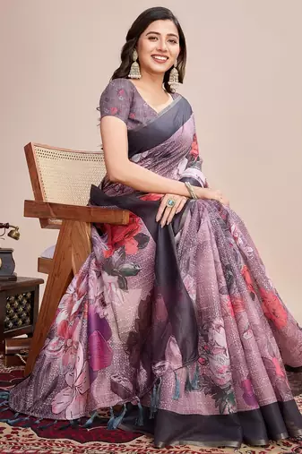Multicolor printed floral print geometric print cotton linen bollywood saree with blouse