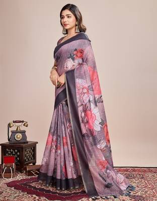 Multicolor printed floral print geometric print cotton linen bollywood saree with blouse 3