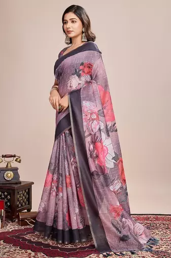 Multicolor printed floral print geometric print cotton linen bollywood saree with blouse