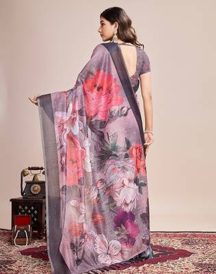 Multicolor printed floral print geometric print cotton linen bollywood saree with blouse 4
