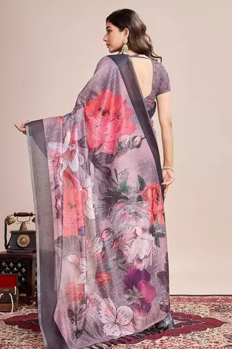 Multicolor printed floral print geometric print cotton linen bollywood saree with blouse