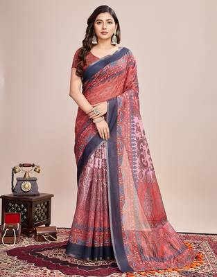 Multicolor printed floral print geometric print cotton linen bollywood saree with blouse 1