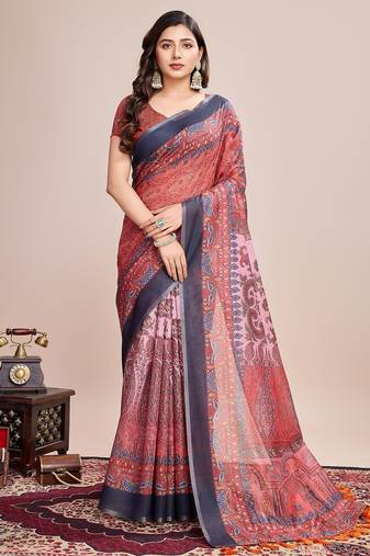 Multicolor printed floral print geometric print cotton linen bollywood saree with blouse