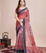 Multicolor printed floral print geometric print cotton linen bollywood saree with blouse