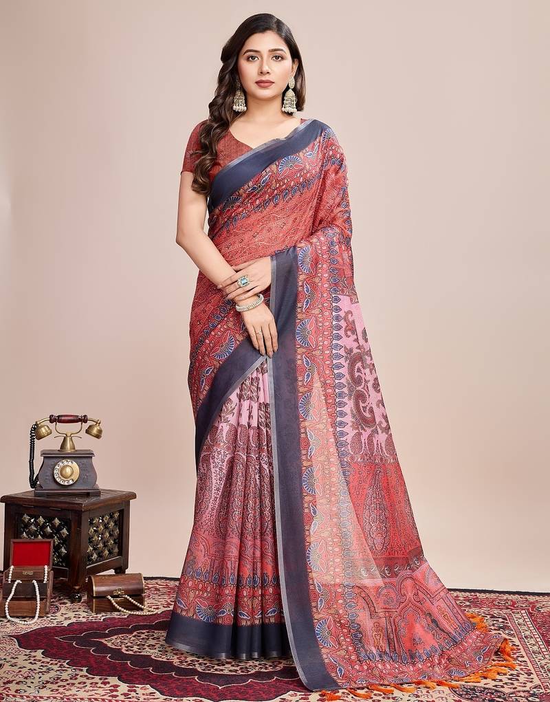 Multicolor printed floral print geometric print cotton linen bollywood saree with blouse