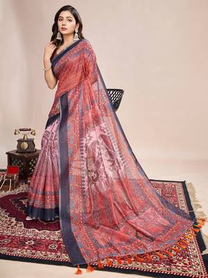 Multicolor printed floral print geometric print cotton linen bollywood saree with blouse 2