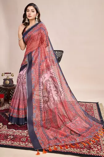 Multicolor printed floral print geometric print cotton linen bollywood saree with blouse