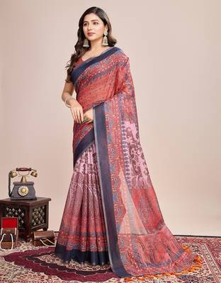 Multicolor printed floral print geometric print cotton linen bollywood saree with blouse 3