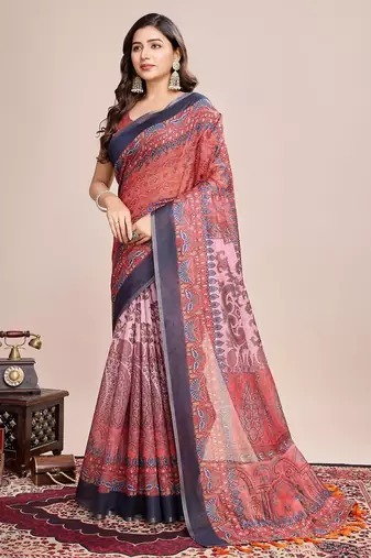 Multicolor printed floral print geometric print cotton linen bollywood saree with blouse