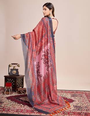 Multicolor printed floral print geometric print cotton linen bollywood saree with blouse 4