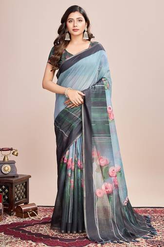 Multicolor printed floral print geometric print cotton linen bollywood saree with blouse