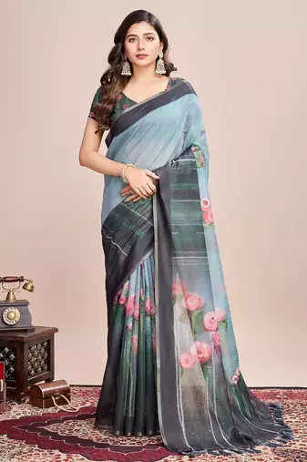 Multicolor printed floral print geometric print cotton linen bollywood saree with blouse