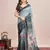 Multicolor printed floral print geometric print cotton linen bollywood saree with blouse