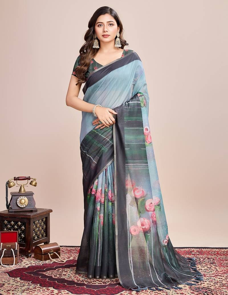 Multicolor printed floral print geometric print cotton linen bollywood saree with blouse