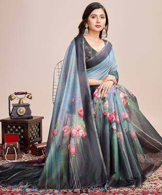 Multicolor printed floral print geometric print cotton linen bollywood saree with blouse 2