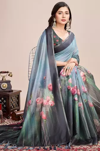 Multicolor printed floral print geometric print cotton linen bollywood saree with blouse