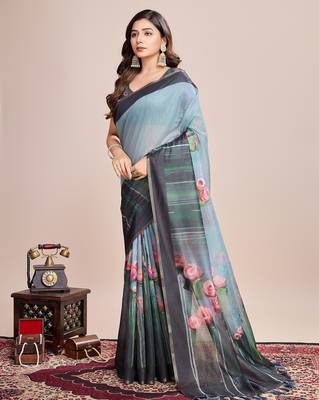 Multicolor printed floral print geometric print cotton linen bollywood saree with blouse 3
