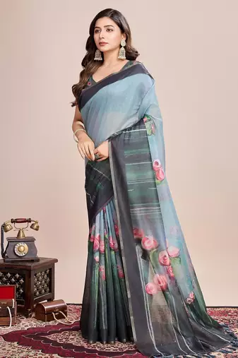 Multicolor printed floral print geometric print cotton linen bollywood saree with blouse