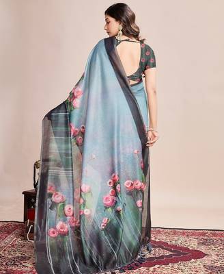 Multicolor printed floral print geometric print cotton linen bollywood saree with blouse 4